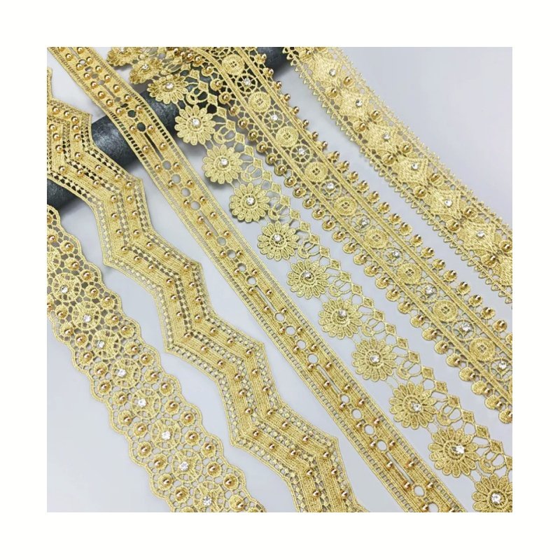 Luxury Gold Embroidery Lace Edging with Studded Bead For Clothing DIY Decorative Accessories Featuring Metal Material DZ01-06