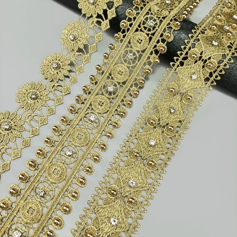 Luxury Gold Embroidery Lace Edging with Studded Bead For Clothing DIY Decorative Accessories Featuring Metal Material DZ01-06