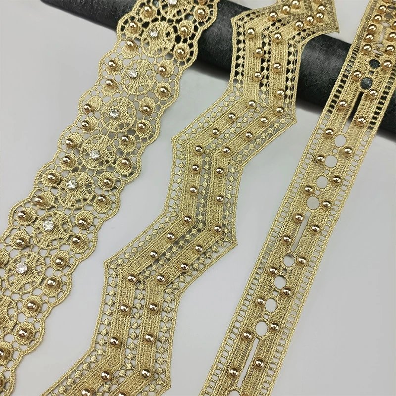 Luxury Gold Embroidery Lace Edging with Studded Bead For Clothing DIY Decorative Accessories Featuring Metal Material DZ01-06