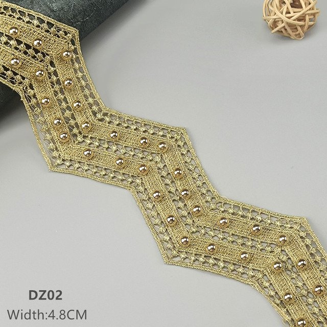 Luxury Gold Embroidery Lace Edging with Studded Bead For Clothing DIY Decorative Accessories Featuring Metal Material DZ01-06