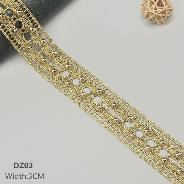 Luxury Gold Embroidery Lace Edging with Studded Bead For Clothing DIY Decorative Accessories Featuring Metal Material DZ01-06