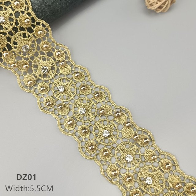 Luxury Gold Embroidery Lace Edging with Studded Bead For Clothing DIY Decorative Accessories Featuring Metal Material DZ01-06