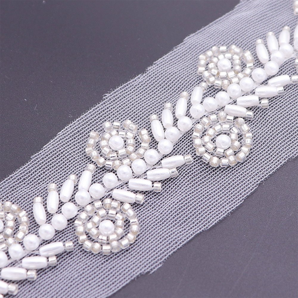 Luxury Pearl Lace Trim Embroidery Leaf Style Beaded Embroidered Lace Trim For Evening Dress Decoration