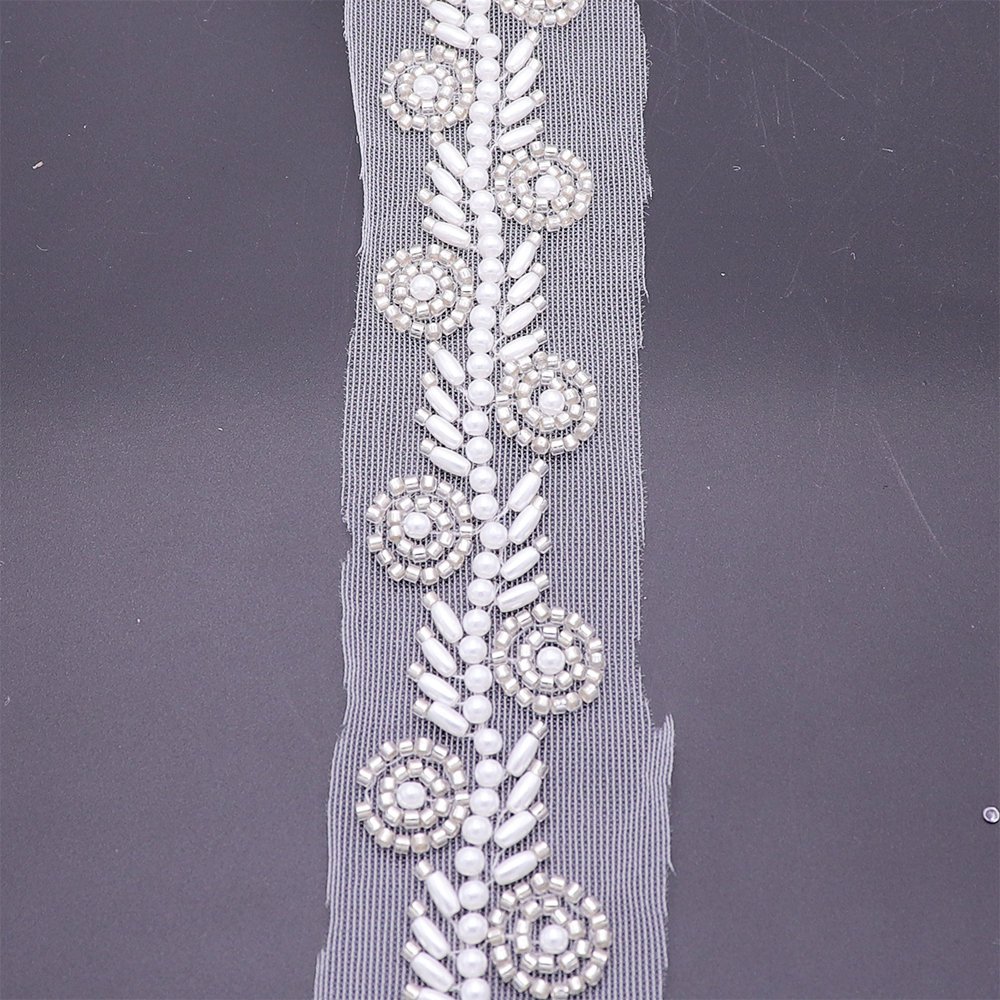 Luxury Pearl Lace Trim Embroidery Leaf Style Beaded Embroidered Lace Trim For Evening Dress Decoration