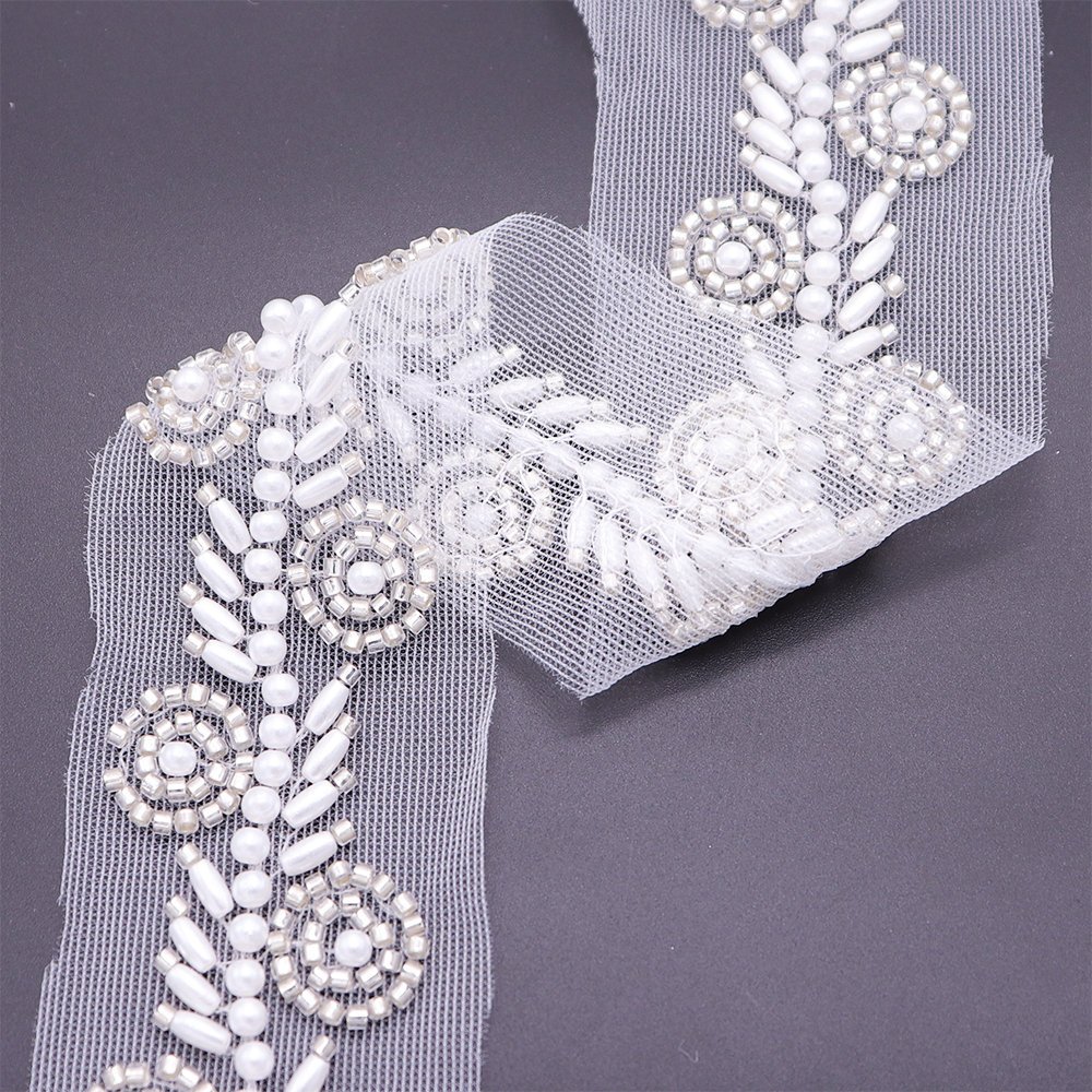 Luxury Pearl Lace Trim Embroidery Leaf Style Beaded Embroidered Lace Trim For Evening Dress Decoration