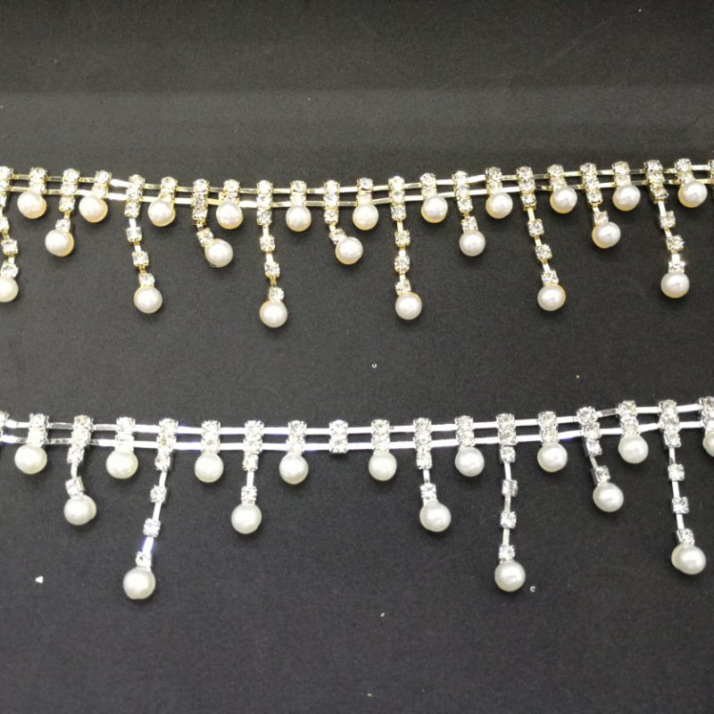 JFRT034 Gold Tassel Crystal Rhinestone Pearl Trim Chain Diy Decoration And Bridal Embellishments Ideal For Wedding Bags Jeans