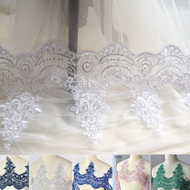 White Green Black Blue Pink Sequin Embroidery Bridal Lace Trim Wedding Veil Lace Trim