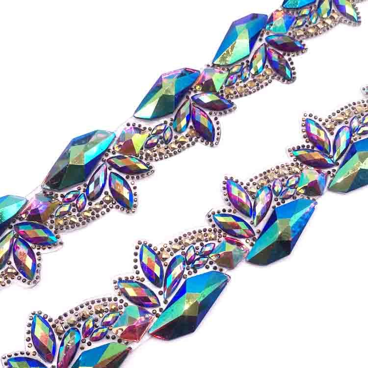 Fancy stones trim carnival Iridescent iron on rhinestone trimming for band costumes customized