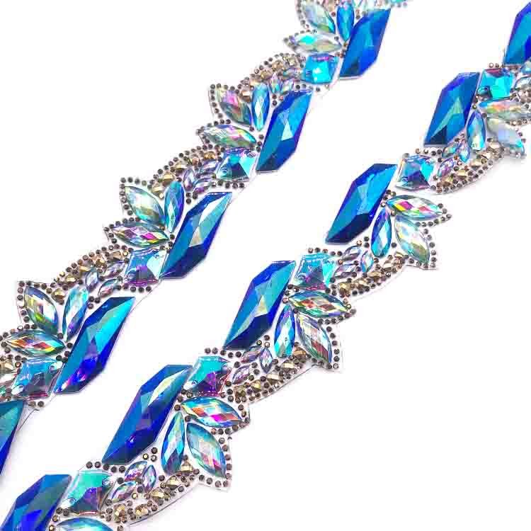 Fancy stones trim carnival Iridescent iron on rhinestone trimming for band costumes customized