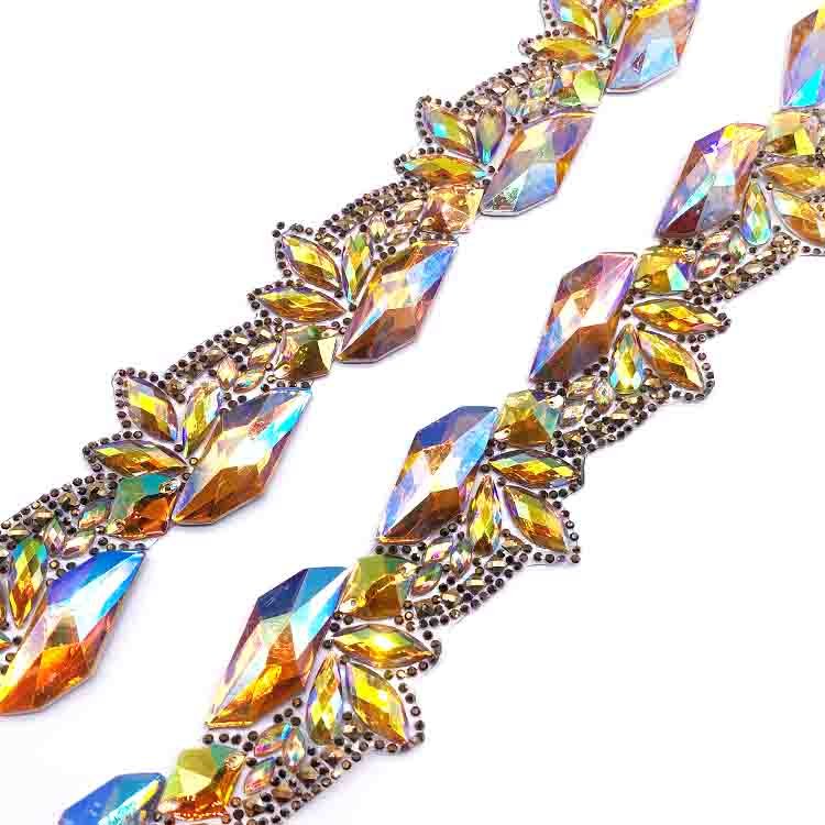 Fancy stones trim carnival Iridescent iron on rhinestone trimming for band costumes customized