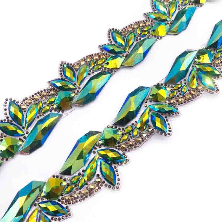 Fancy stones trim carnival Iridescent iron on rhinestone trimming for band costumes customized