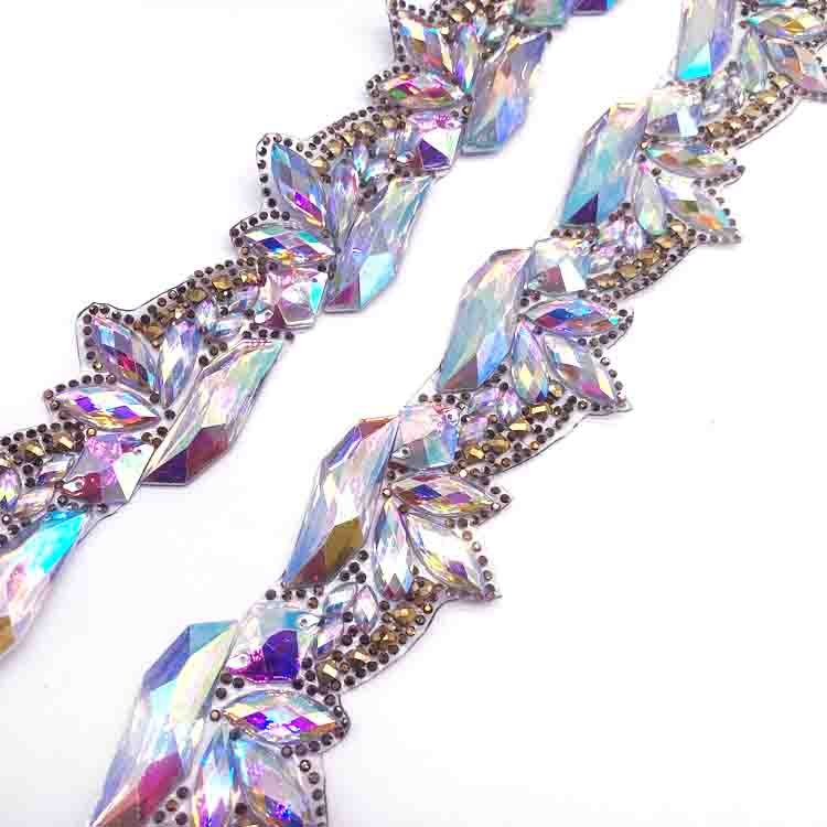 Fancy stones trim carnival Iridescent iron on rhinestone trimming for band costumes customized