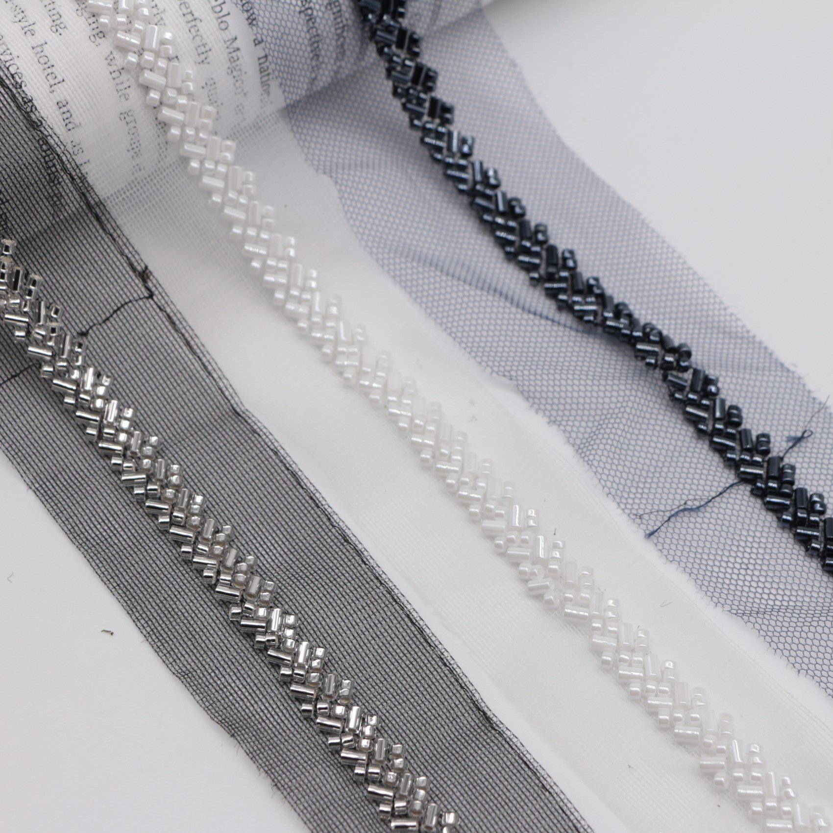 High quality wedding dress 100% polyester mesh beads lace bar code neck sequins beaded lace trim