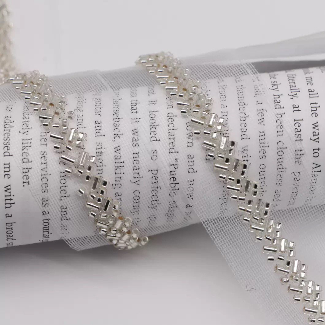 High quality wedding dress 100% polyester mesh beads lace bar code neck sequins beaded lace trim