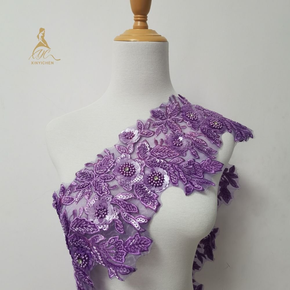 New Arrival Handmade Embroidery Sequin Lace Trim 3D Flower Applique Rhinestone Applique Trim
