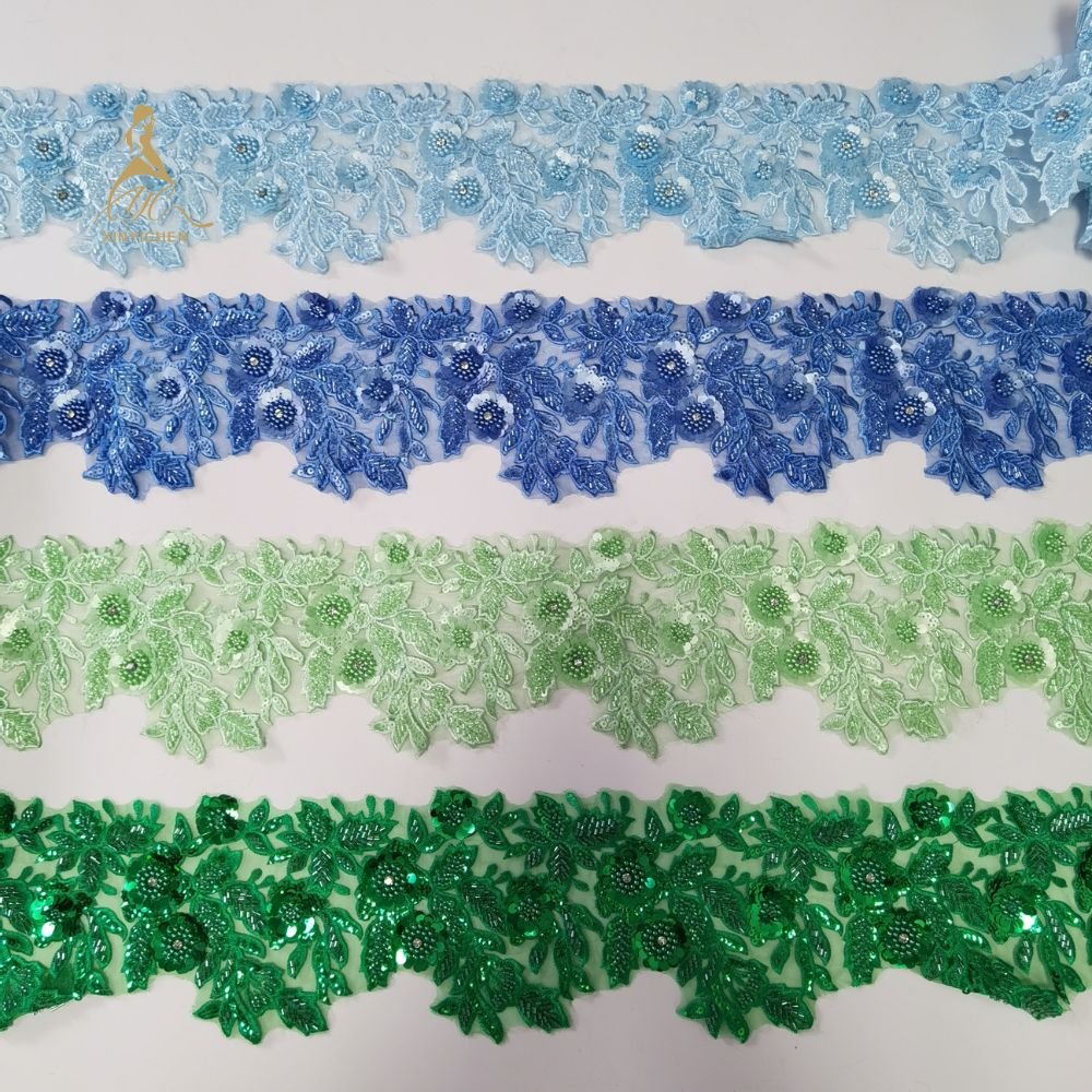 New Arrival Handmade Embroidery Sequin Lace Trim 3D Flower Applique Rhinestone Applique Trim