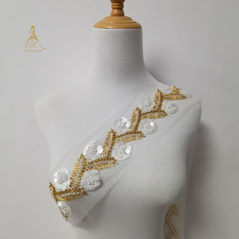 fashion appliques and trimmings Embroidered Applique sequin beads trimmed for clothing and dress DIY accessories