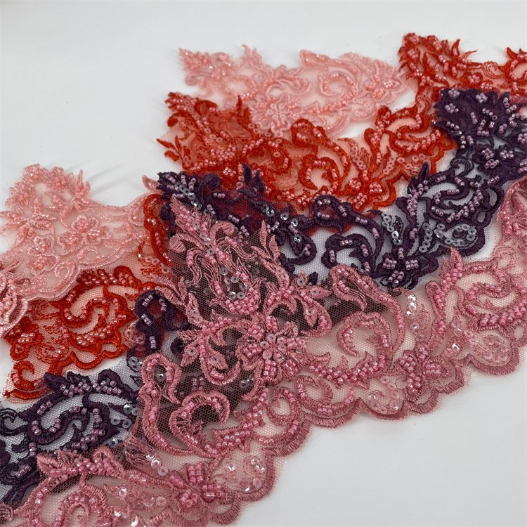 Hot sell custom colors beading embroidery lace trim for dress