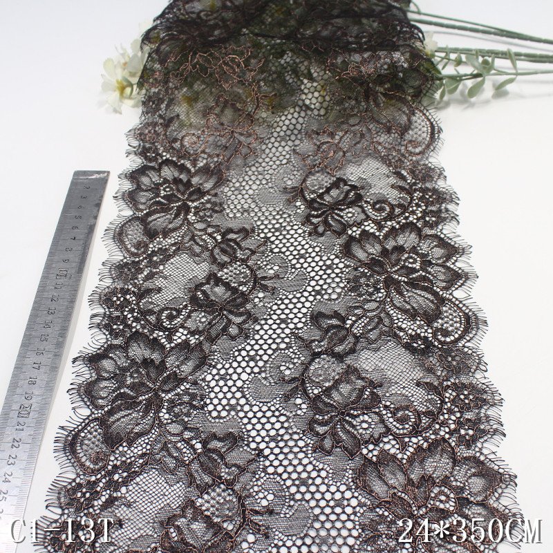 100% nylon lace high quality 23cm factory new shiny mesh eyelash lace trim with silver wire for underwear accessories wholesale