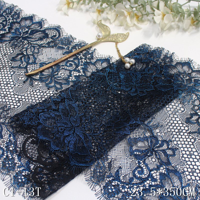 100% nylon lace high quality 23cm factory new shiny mesh eyelash lace trim with silver wire for underwear accessories wholesale