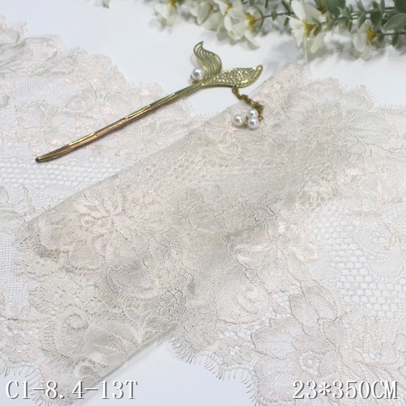 100% nylon lace high quality 23cm factory new shiny mesh eyelash lace trim with silver wire for underwear accessories wholesale
