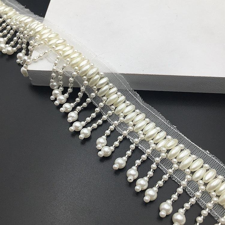 Honor of crystal White Long Pearl Beading Lace Trim Glitter Beaded Laces Trimming For Handmade Garment