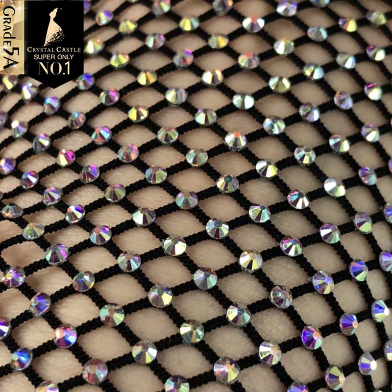 Crystal Castle 30*120cm SS16 Big Stone Glitter Colorful Rhinestone Mesh Fabric Glass Crystal Rhinestone Trimming for Dress