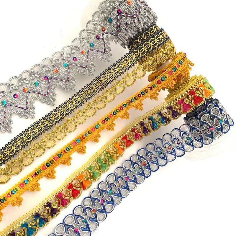 Many colors border lace trim Metallic yarn Embroidered Gold Lace Trim