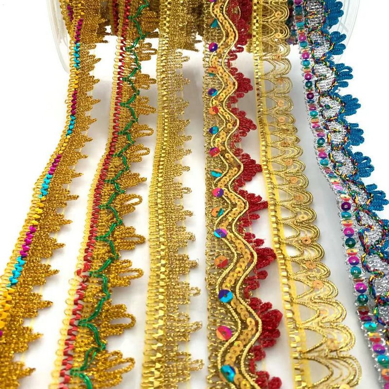Many colors border lace trim Metallic yarn Embroidered Gold Lace Trim