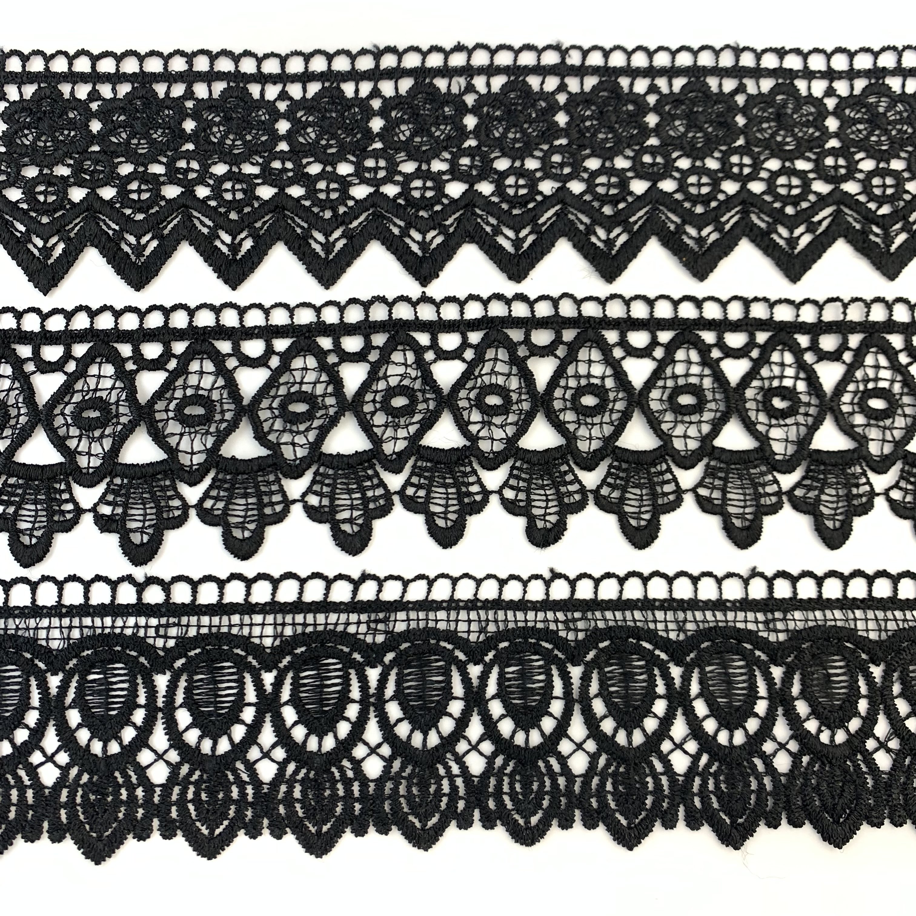 Custom Wholesale Delicate Black Guipure Embroidery Mesh Chantilly Lace Fabric Trim