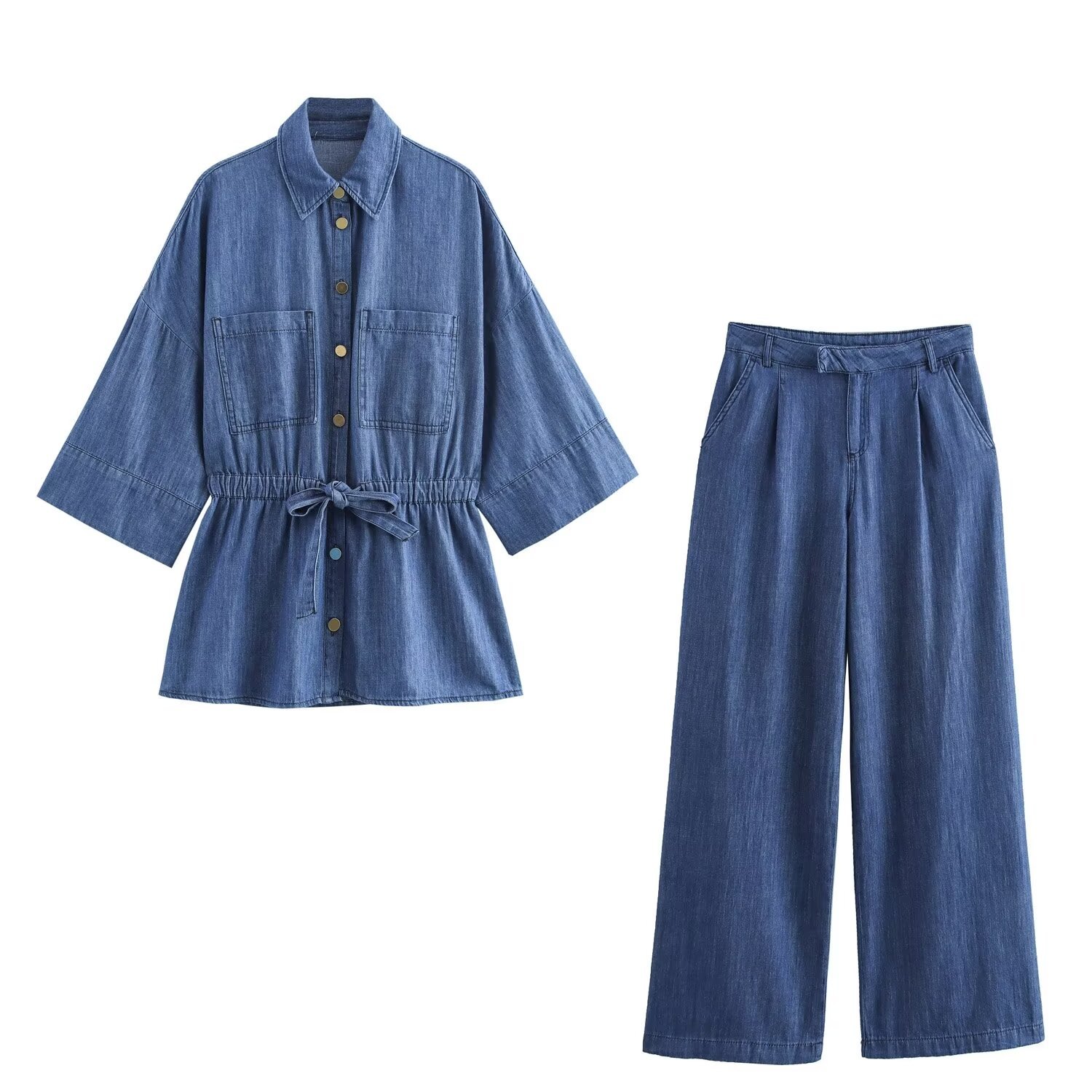 PB&ZA Women 2024 summer New Fashion Bow trim denim draping Blouses Vintage Short Sleeve Female Shirts Chic Tops