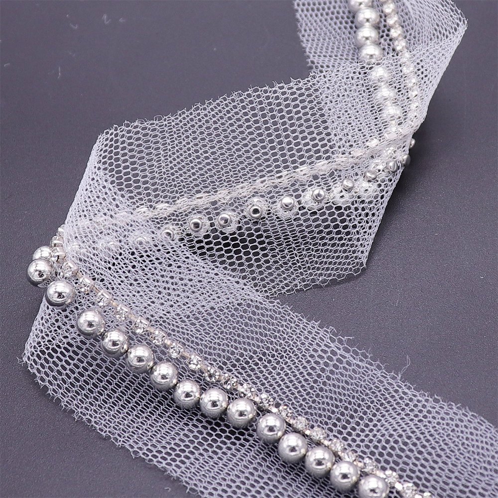 2024 Lace Trim Embroidery New Handsewing Plastic Ball Lace Trimming With Rhinestone For Women Dress