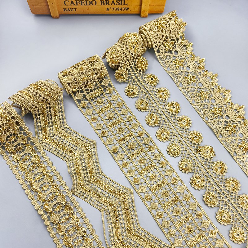 Hollow shining latest high quality gold lace cheongsam clothes hem curtain lace trim DIY accessories