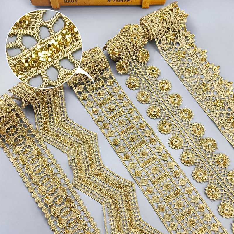Hollow shining latest high quality gold lace cheongsam clothes hem curtain lace trim DIY accessories