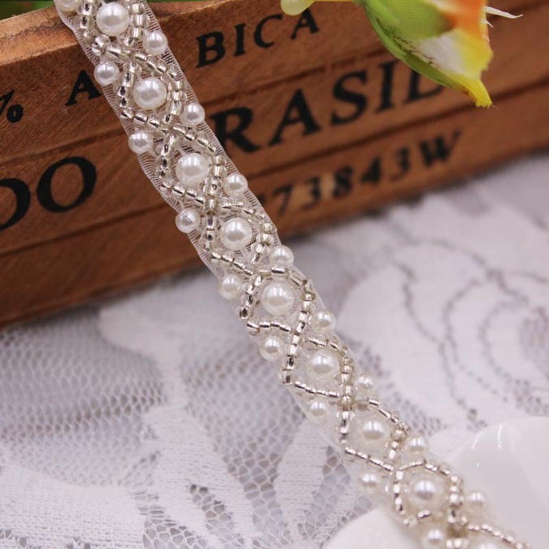Fabric Clothes Decoration Wedding Dress Collar Pearl Beaded Lace Trim Mesh Lace Ribbon
