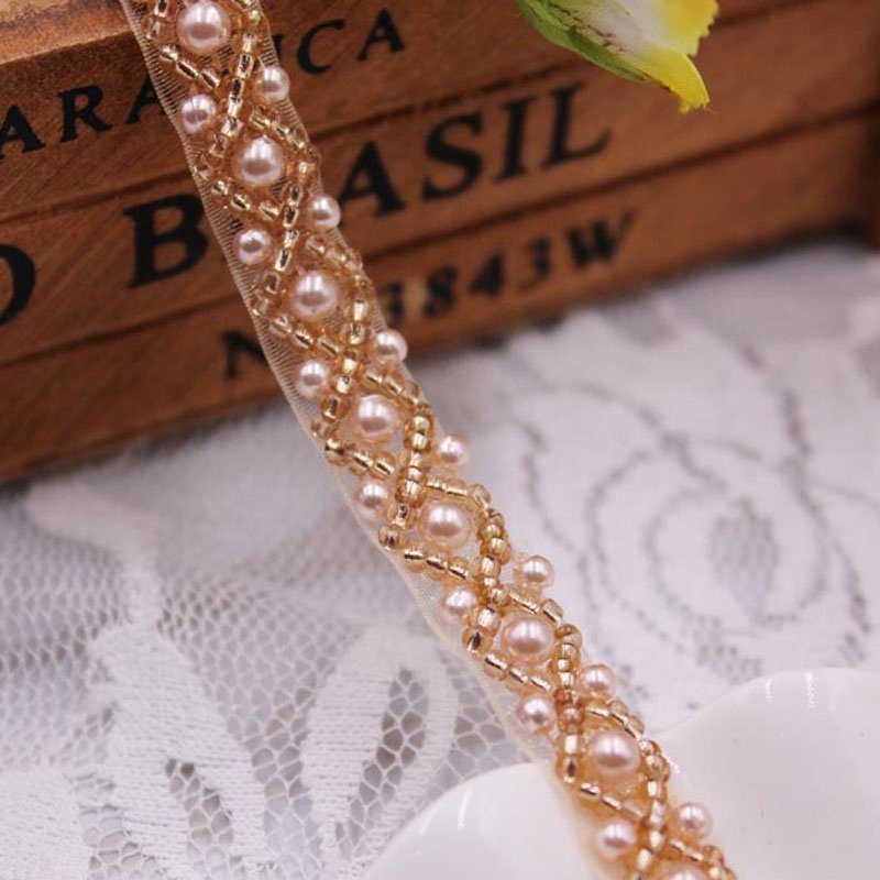 Fabric Clothes Decoration Wedding Dress Collar Pearl Beaded Lace Trim Mesh Lace Ribbon