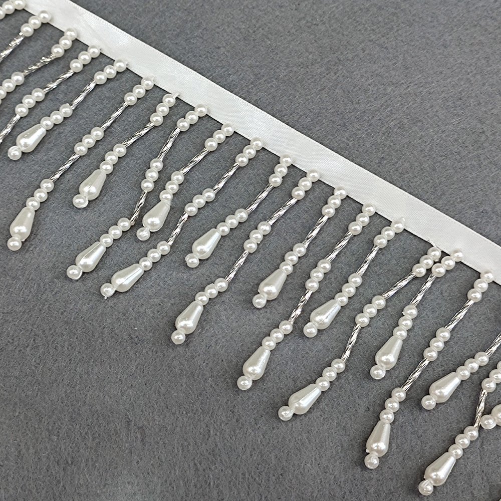 Just A Trim Garment Accessories Clothes Decoration Long Handmade Beaded Lace Pearl Trim Tassel Fringe