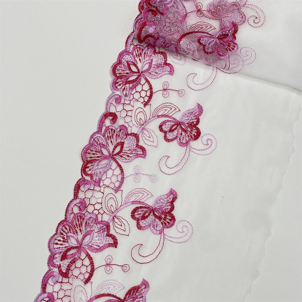 OEM Vivid 3D Embroidery Lace Fabric 17CM Gradient Blue Pink Floral Embroidered Border Lace Trim Mesh Fabrics Lace For Women
