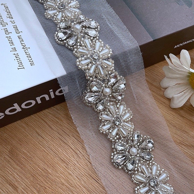 quality mesh embroidery glass bead lace trims pearl lace hat Decoration DIY beaded decorative women trims webbing accessories