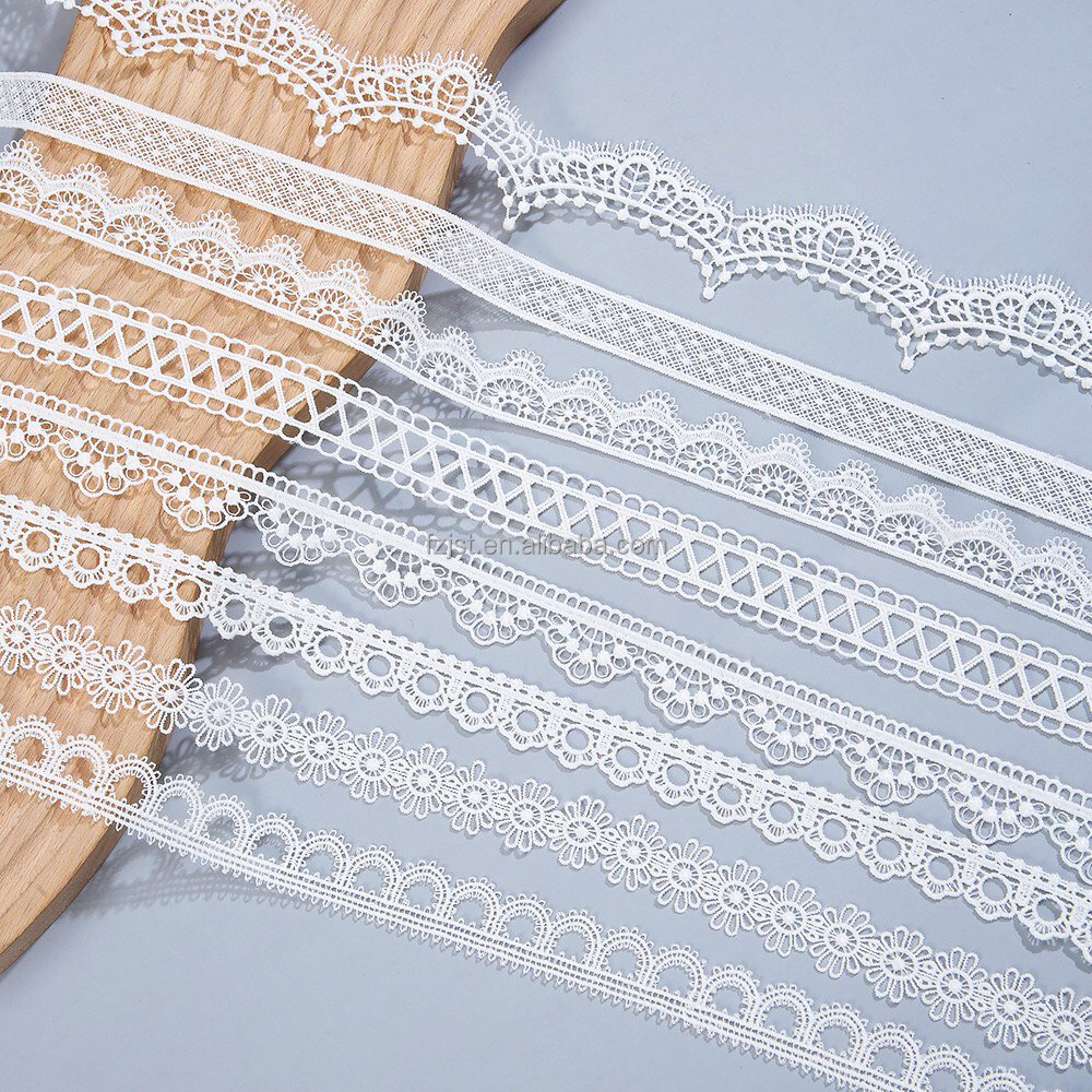 Narrow lace trim polyester material water soluble lace ribbon sustainable lace fabric for wedding craft sewing