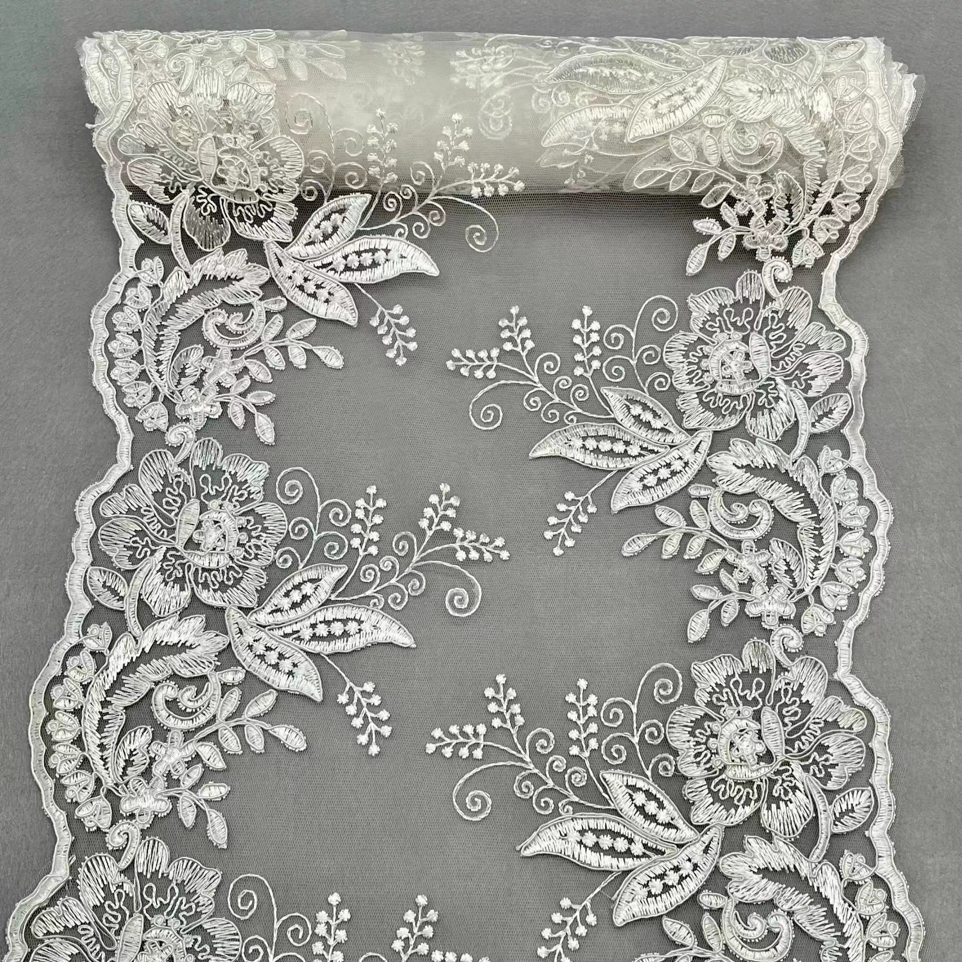 good price white Floral double galloon width 33.5cm embroidery applique lace trimming fabric for Wedding dress clothing curtain