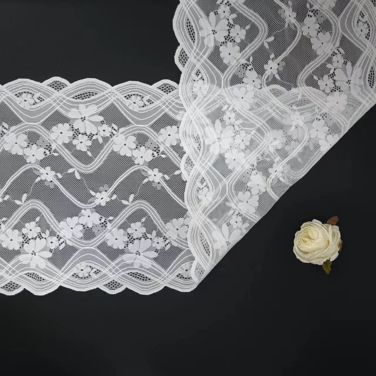 Hot-selling White Cord Voile Nylon Spandex Stretch Tulle Lace Trim Materials Fabric for Underwear Lace Roll Knitted Elastic Lace