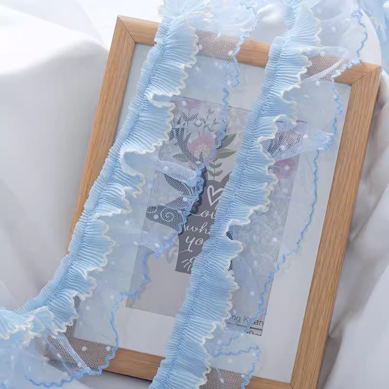width 6 cm Polyester sky blue tulle ruffle lace trim polka dots lace ribbon For children skirt dress clothing Curtain