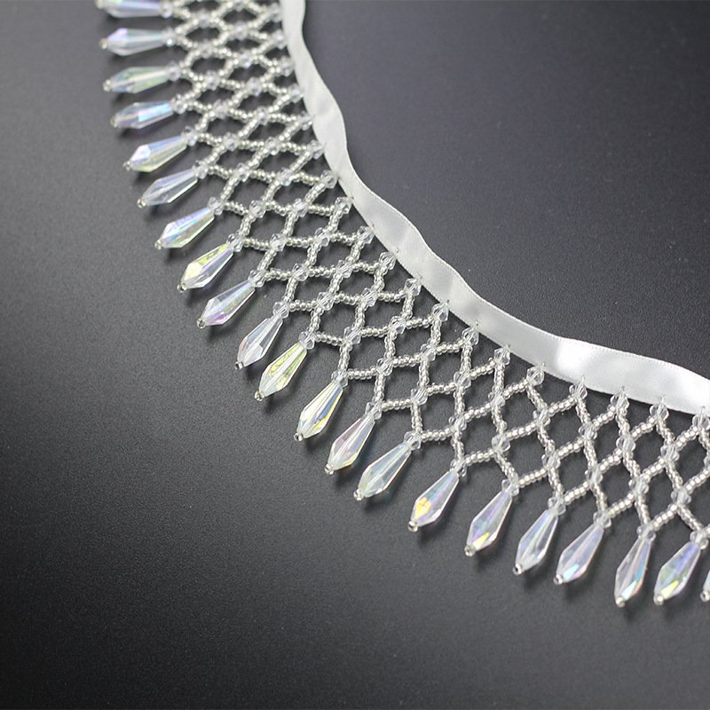 OEM Customized Mesh Pendant Glass Crystal Tassel Lace Handmade Heavy Beaded Fringe Trim
