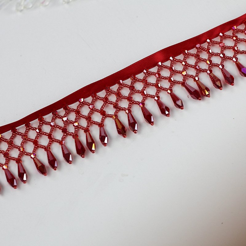 OEM Customized Mesh Pendant Glass Crystal Tassel Lace Handmade Heavy Beaded Fringe Trim