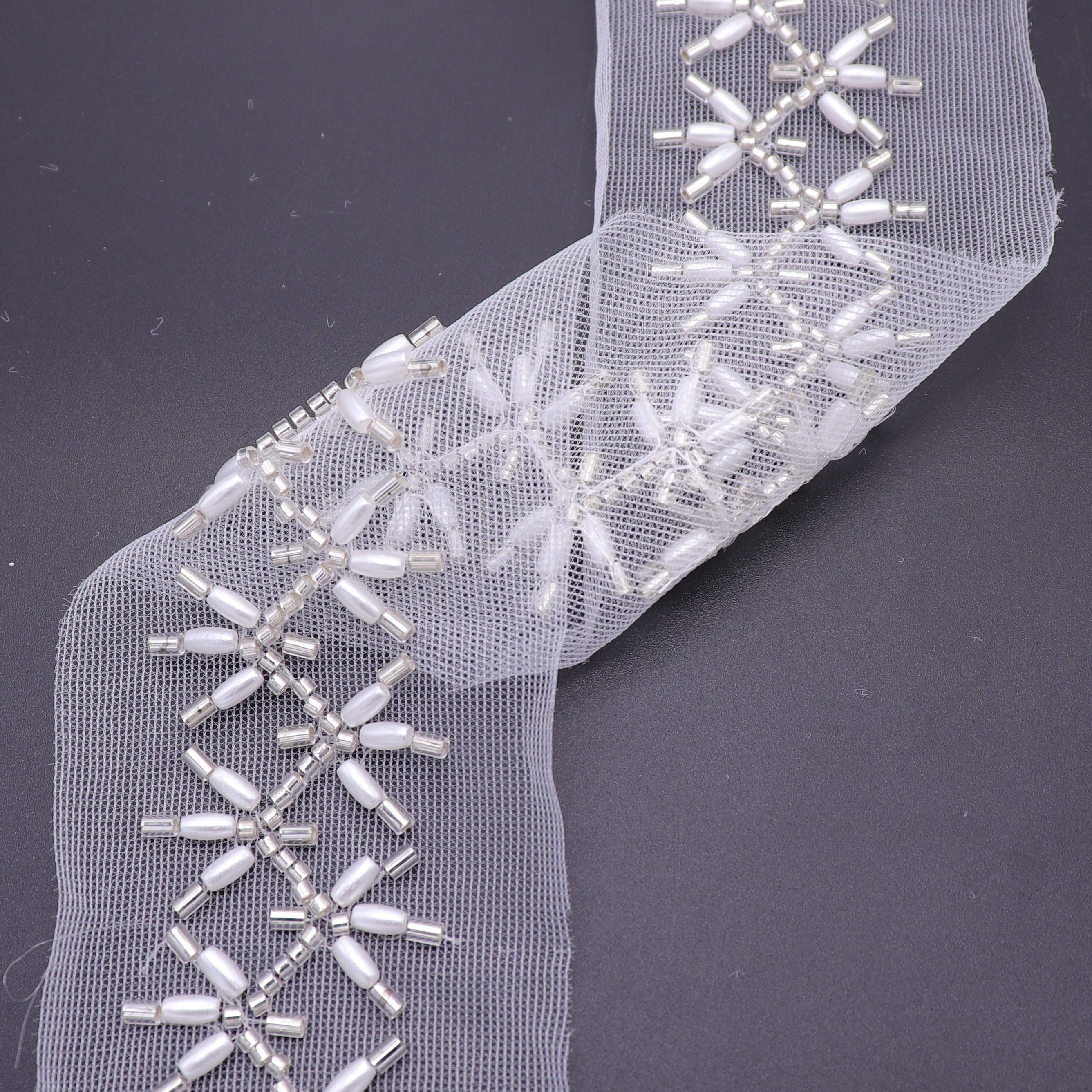 New Style White Wedding Dresses Beaded Lace Trim Machine Embroidered Lace Trim For Dress