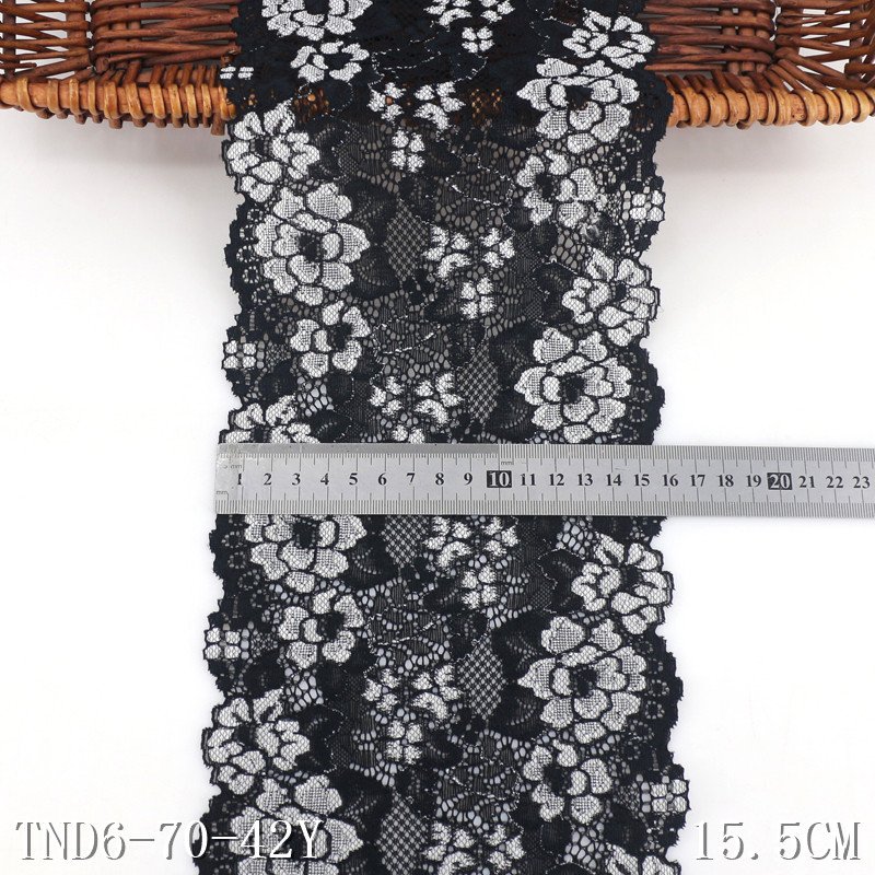 Wholesale 15cm Soft Black Flower Stretch Lace Trim Spandex Elastic Lace Fabric for Lingerie