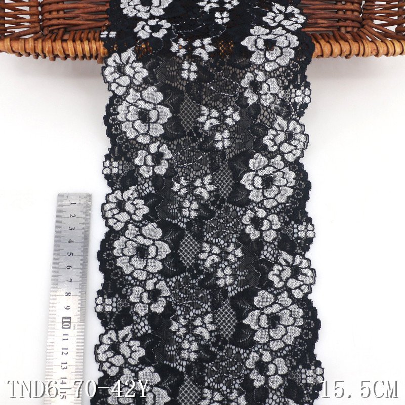 Wholesale 15cm Soft Black Flower Stretch Lace Trim Spandex Elastic Lace Fabric for Lingerie