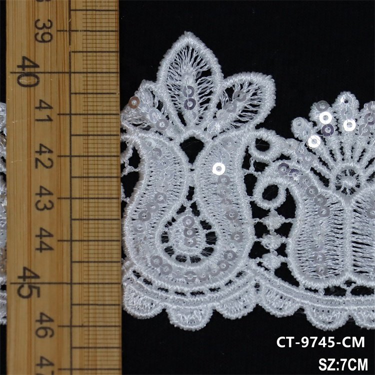 New embroidery pattern of flower sequin lace trim embroidery white lace trim for clothing decoration Guipure Lace Trim