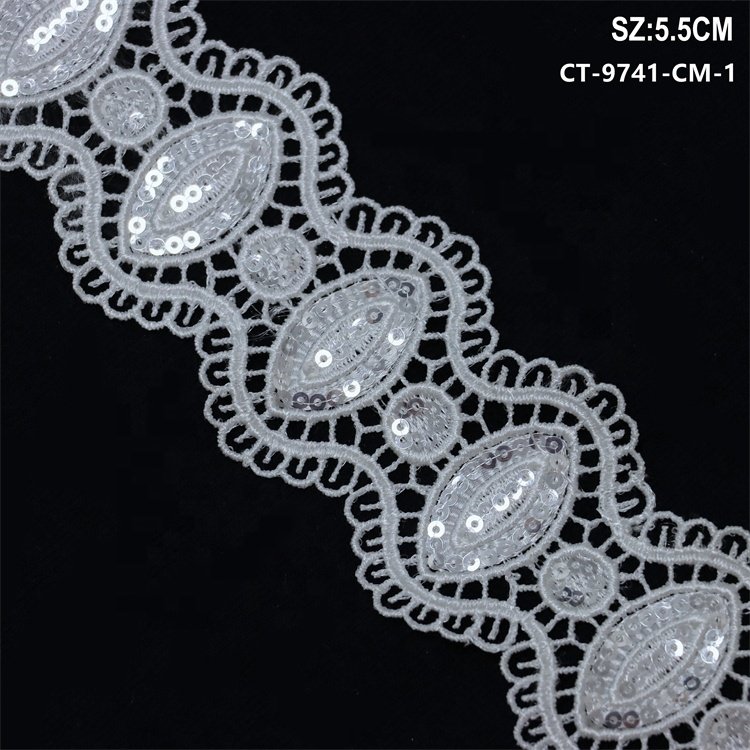 New embroidery pattern of flower sequin lace trim embroidery white lace trim for clothing decoration Guipure Lace Trim